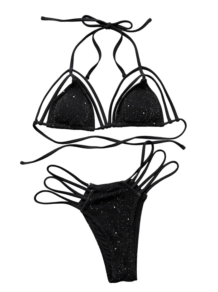 Glitter Halter Neck Strappy Two-Piece Bikini Set