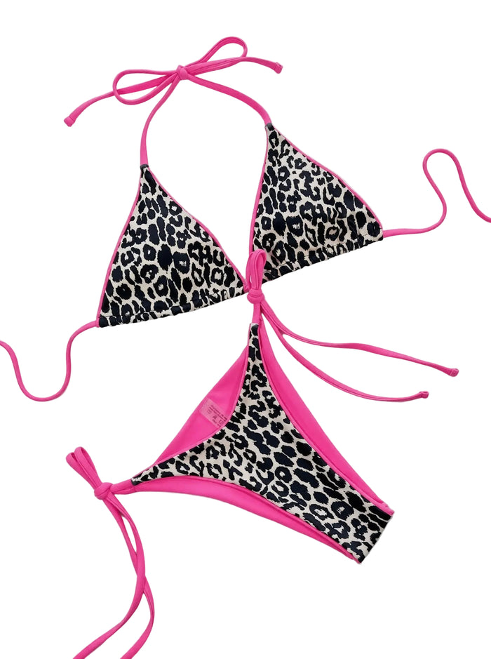 Leopard Print Halter Neck Tie Side String-Bikini Set
