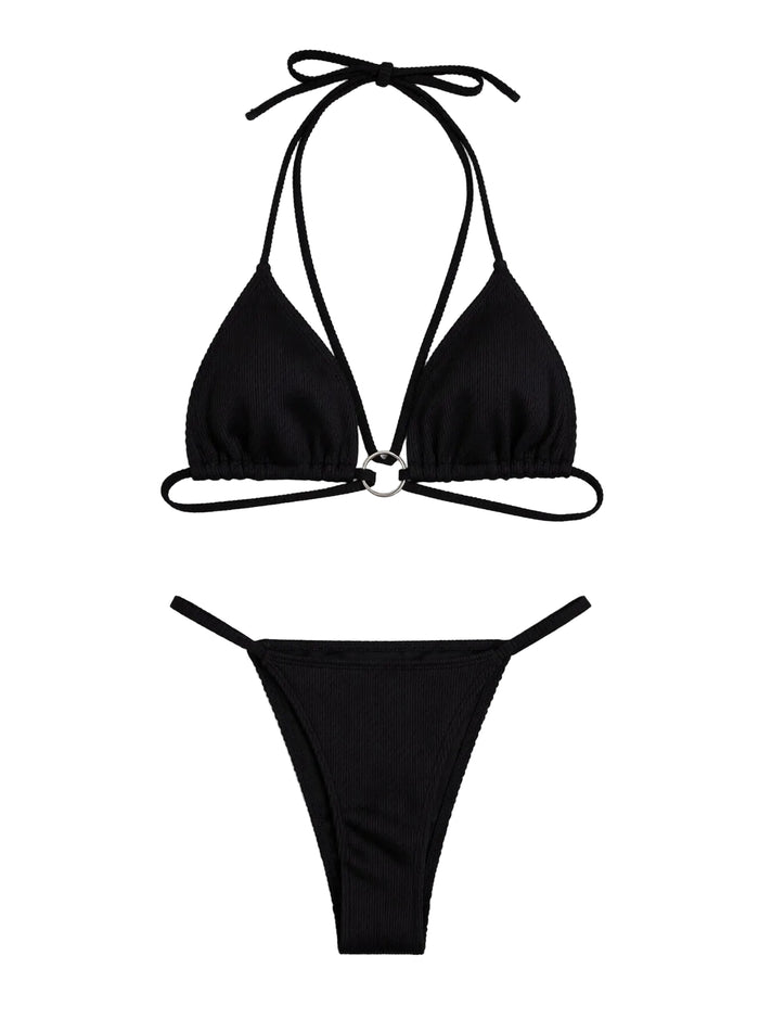 Halter Neck Crisscross Ribbed Bikini Set