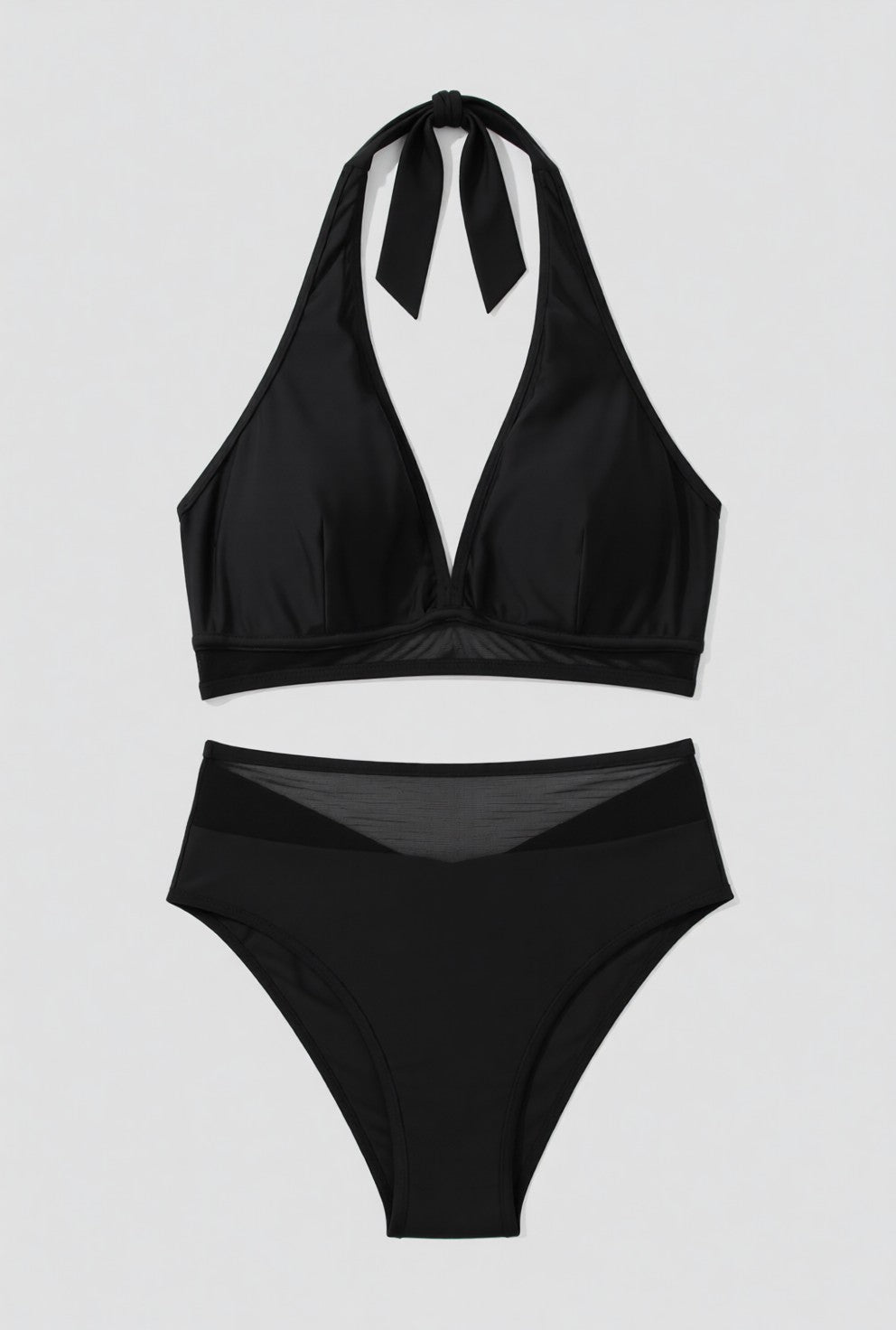 Sheer Mesh Edged Halter V Neck Push Up Bikini Set