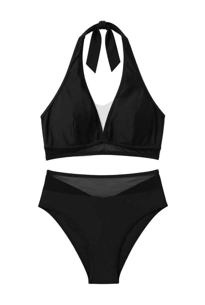 Sheer Mesh Edged Halter V Neck Push Up Bikini Set