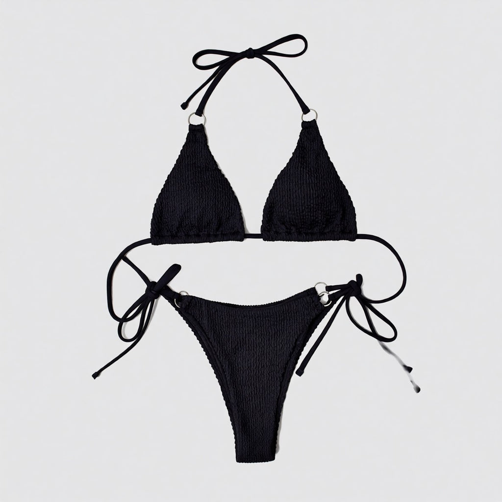 Textured Halter Neck Tie Side Bikini Set