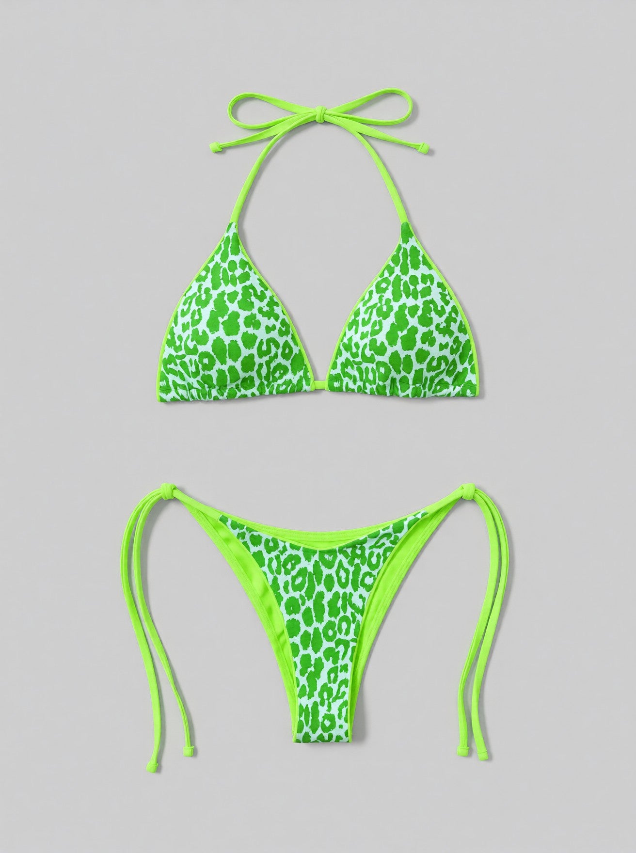Leopard Print Halter Neck Tie Side String-Bikini Set