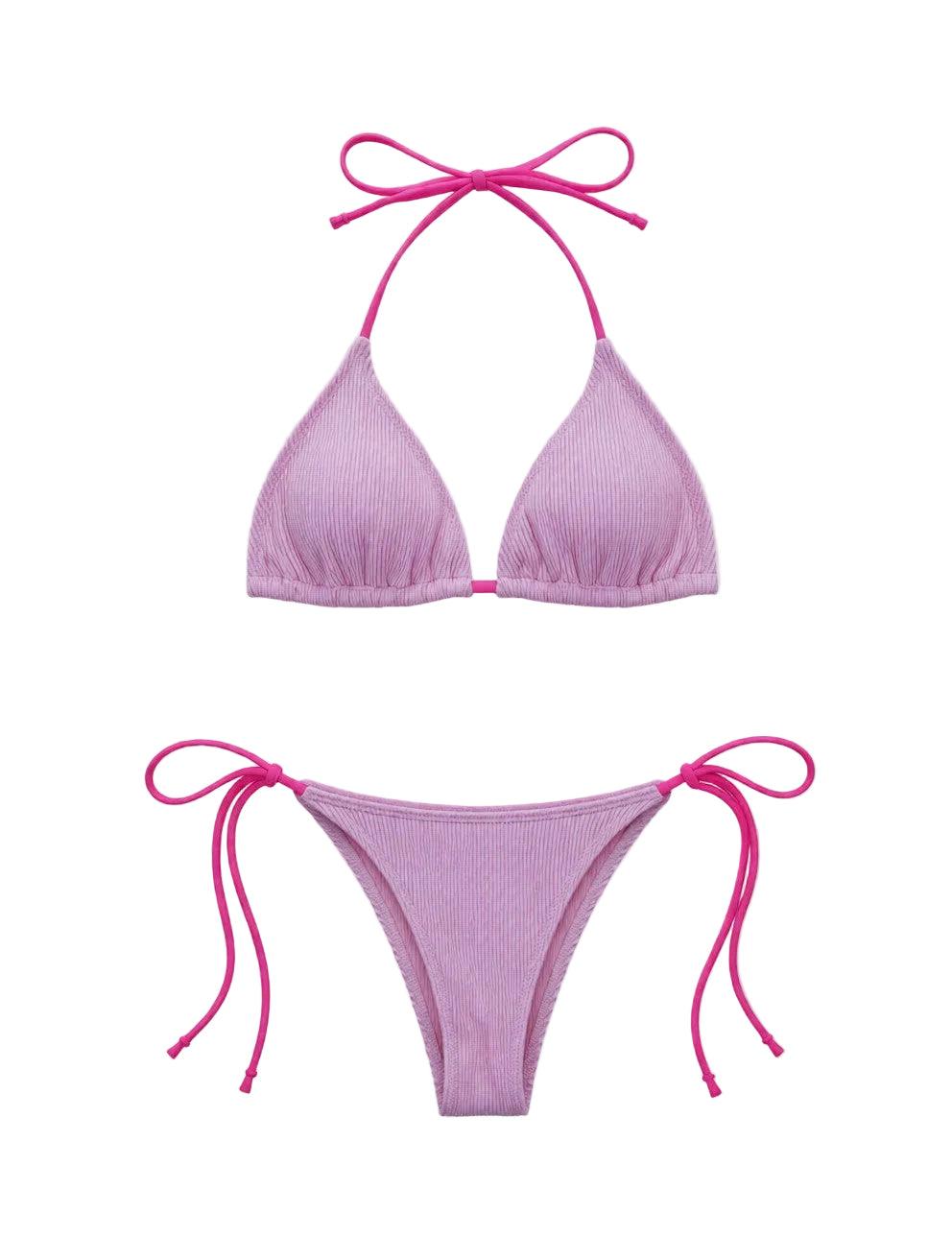 Pink bikini set with tie straps on a light gray background