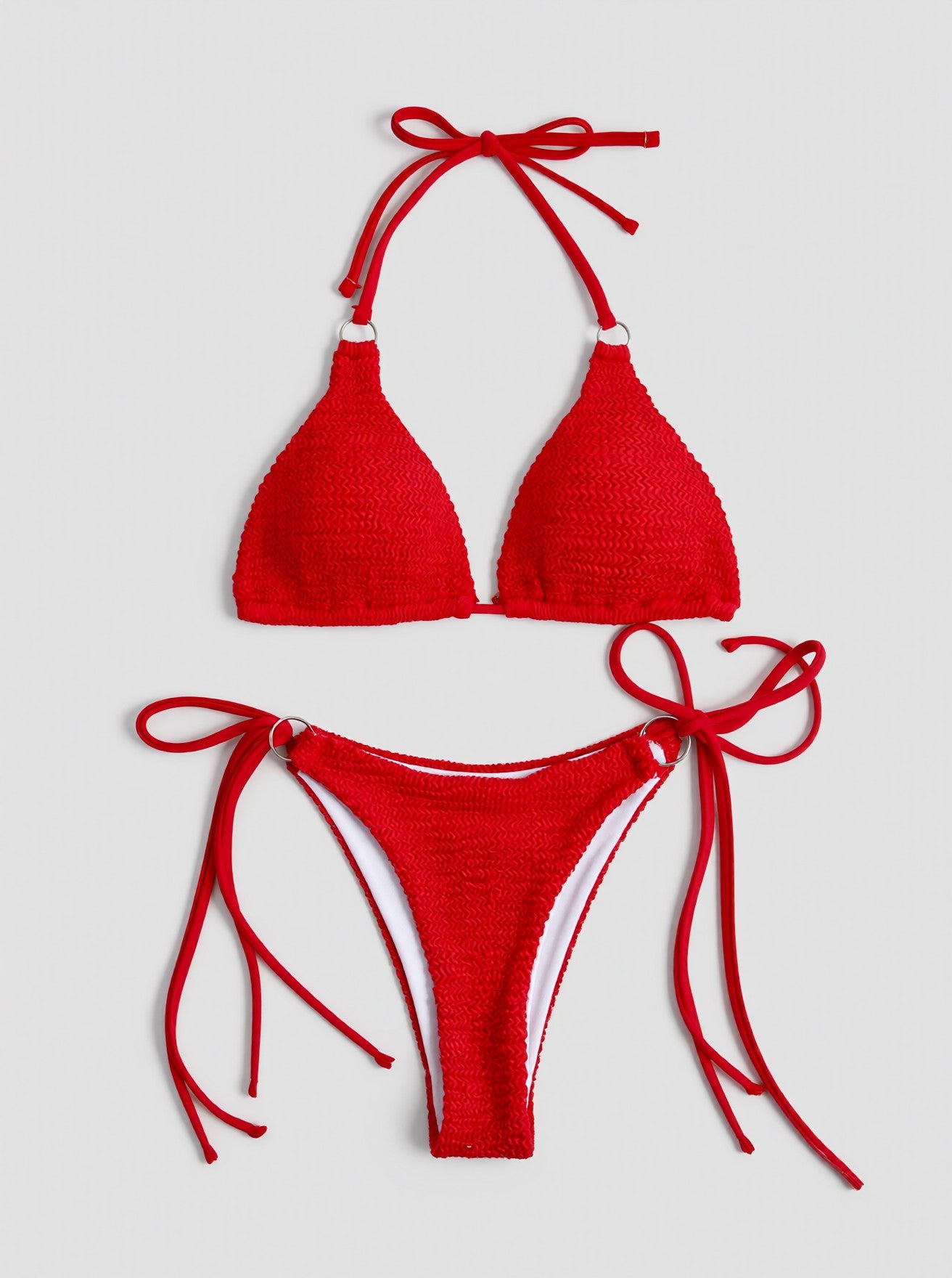 Textured Halter Neck Tie Side Bikini Set