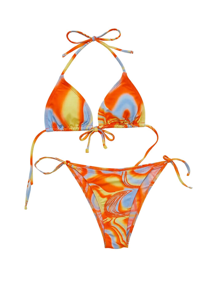 Multicolored Drawstring Ruched Three-Piece Swim Set