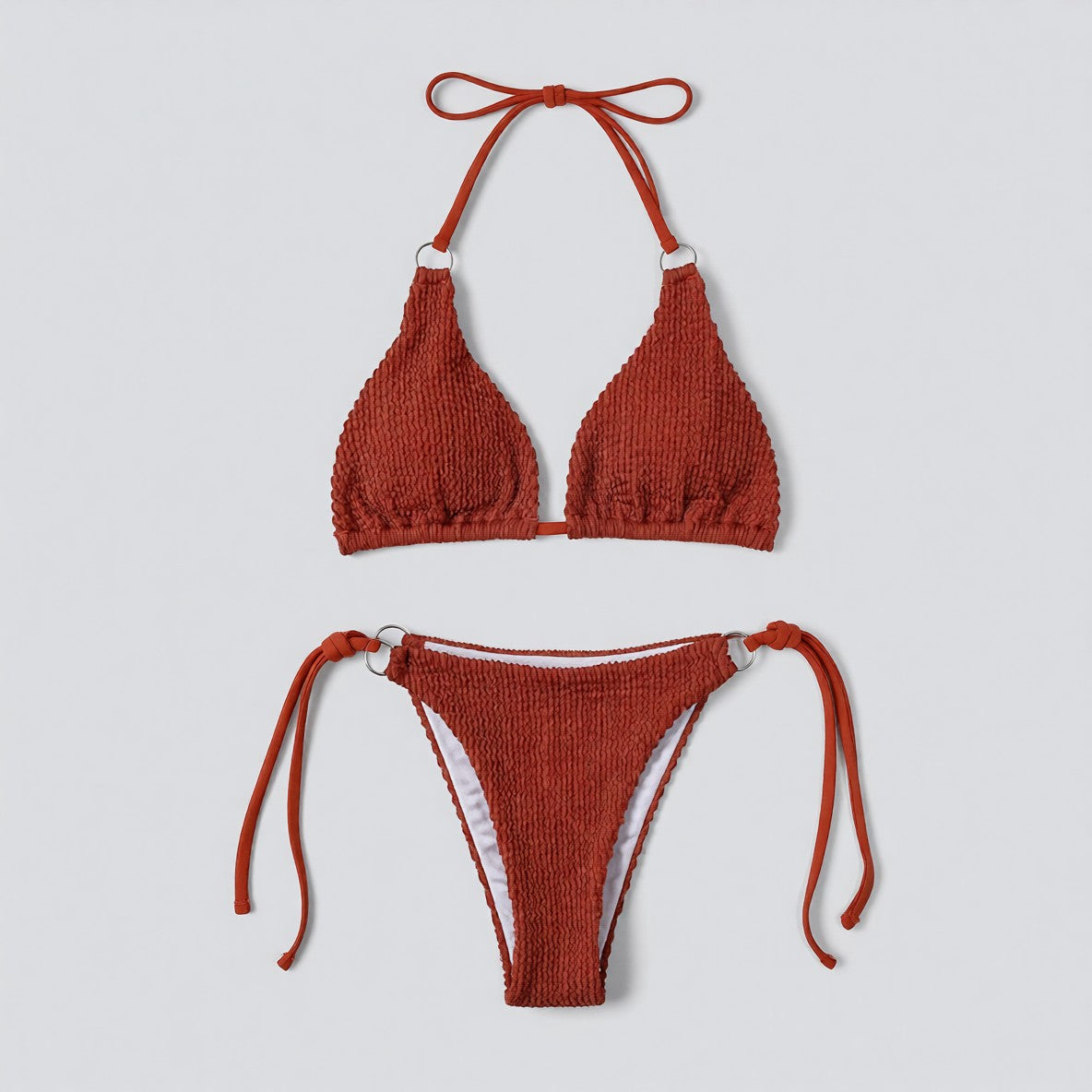 Textured Halter Neck Tie Side Bikini Set