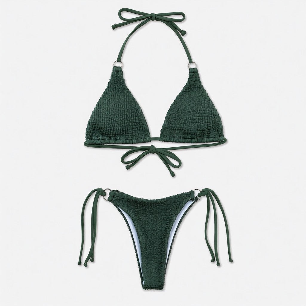 Textured Halter Neck Tie Side Bikini Set